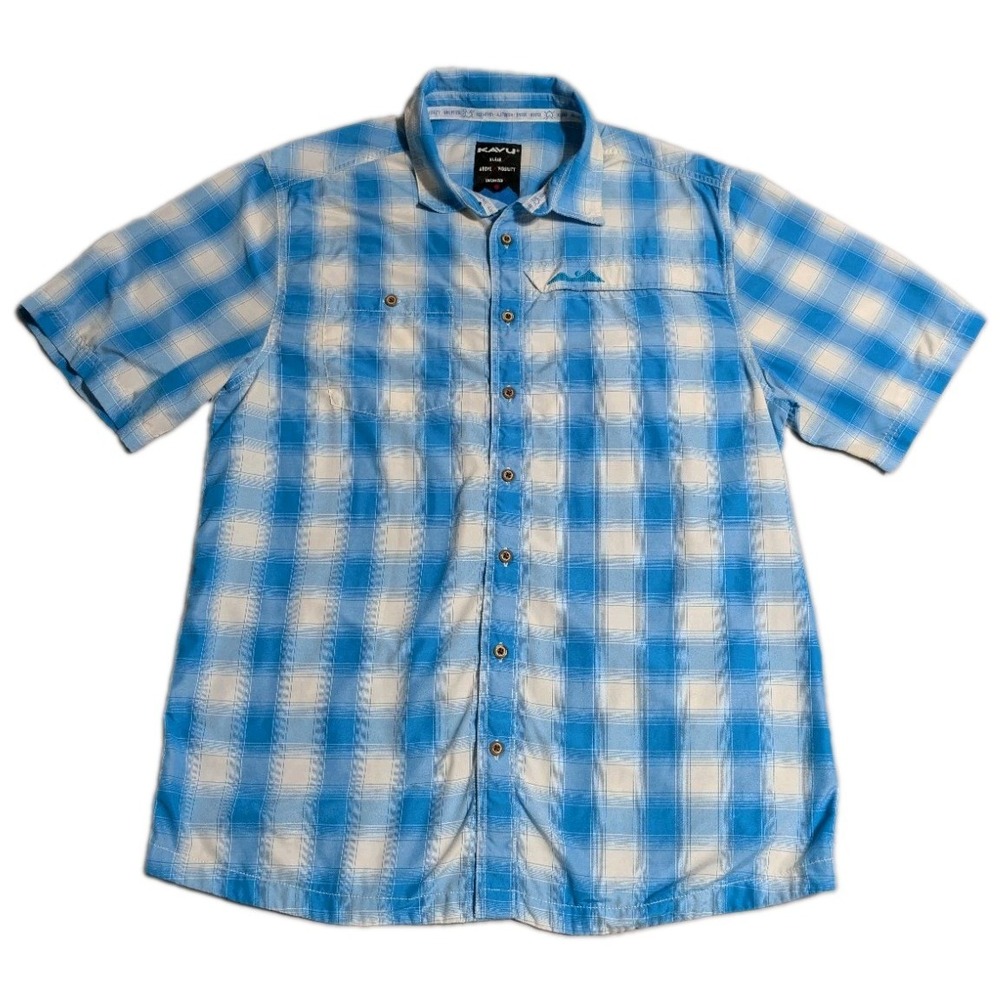 KAVU Klear Mens XL Blue Plaid Short Sleeve Outdoor Hiking Button Up Shirt